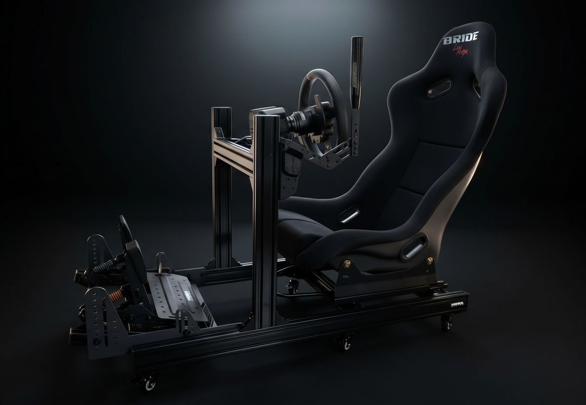 Black aluminium sim rig cockpit with a racing seat, wheel and pedals